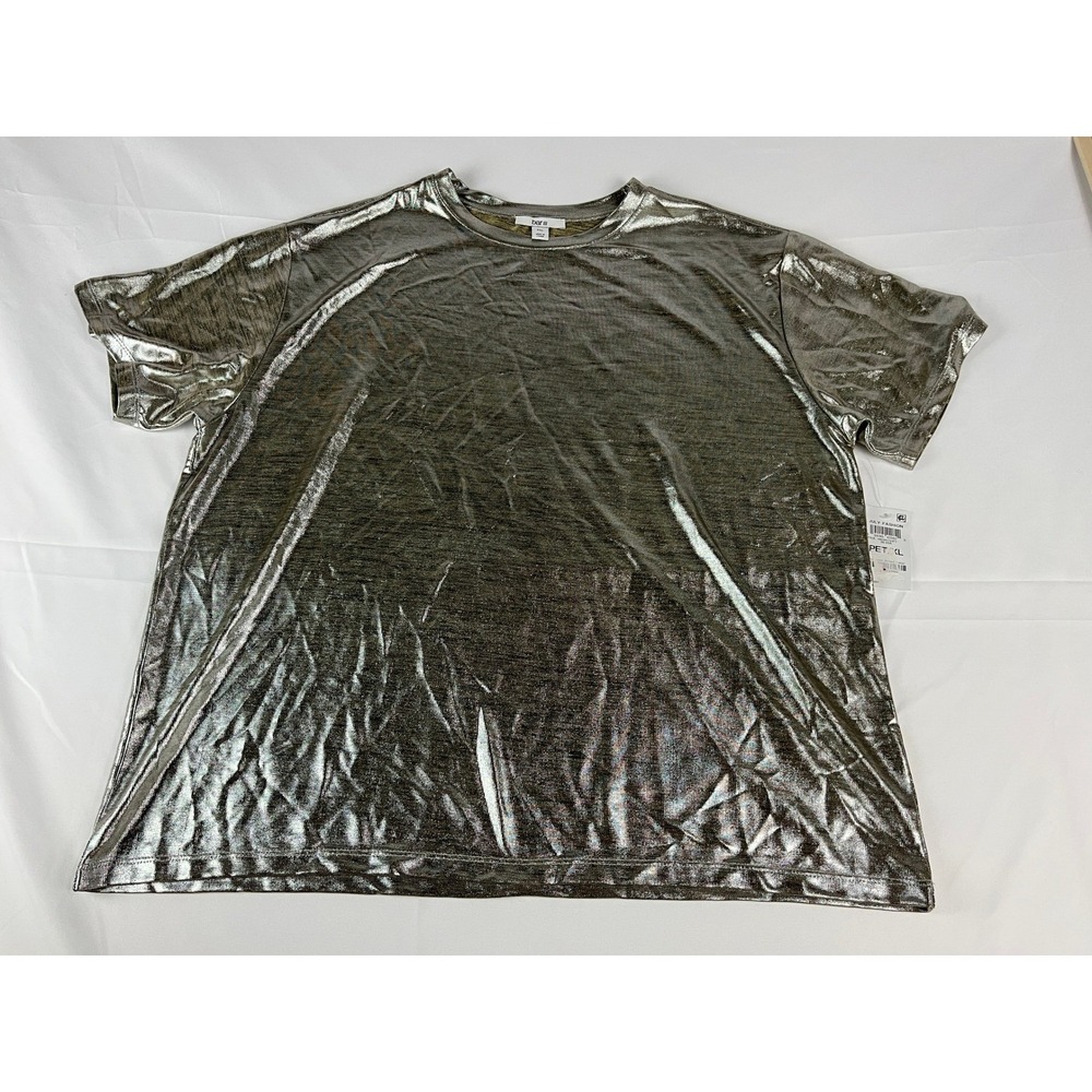 Bar III Metallic Silver Tunic Top PXL Short Sleeve Crew Neck Shiny Shimmer‎ - Picture 2 of 8